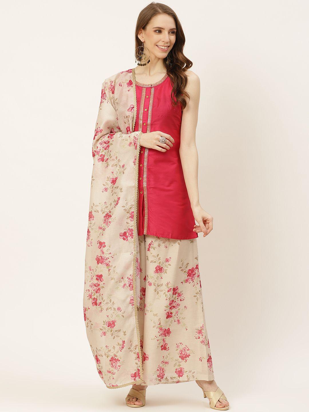 house of pataudi women pink floral kurti with palazzos & dupatta