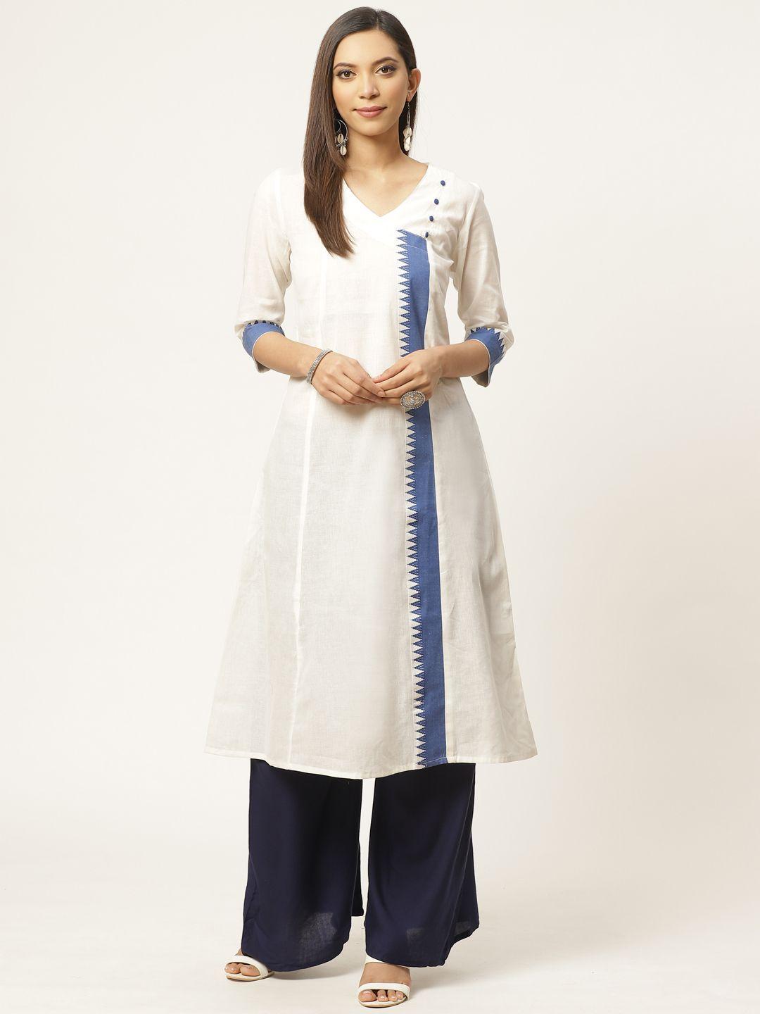 zizo by namrata bajaj women white & blue pure cotton solid a-line kurta