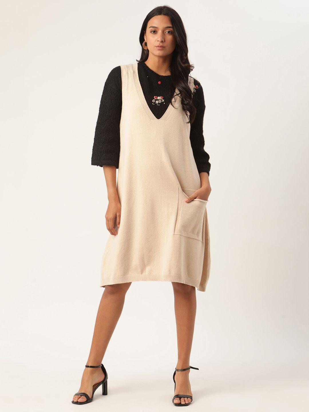 rooted women beige solid a-line dress