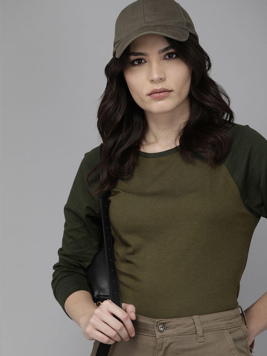 the roadster lifestyle co women olive green solid round neck pure cotton t-shirt