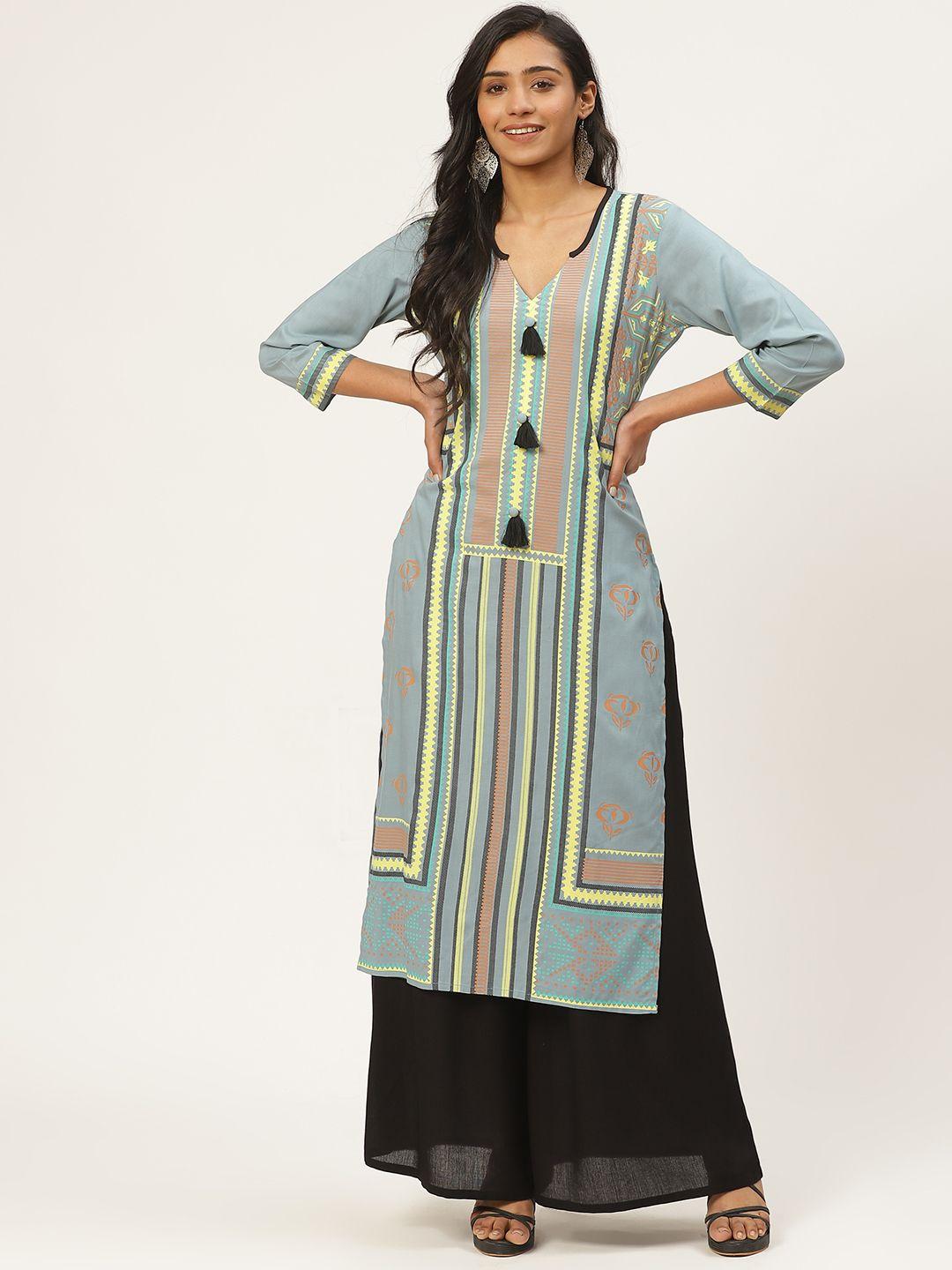 kurti's by menka women blue & yellow striped straight kurta