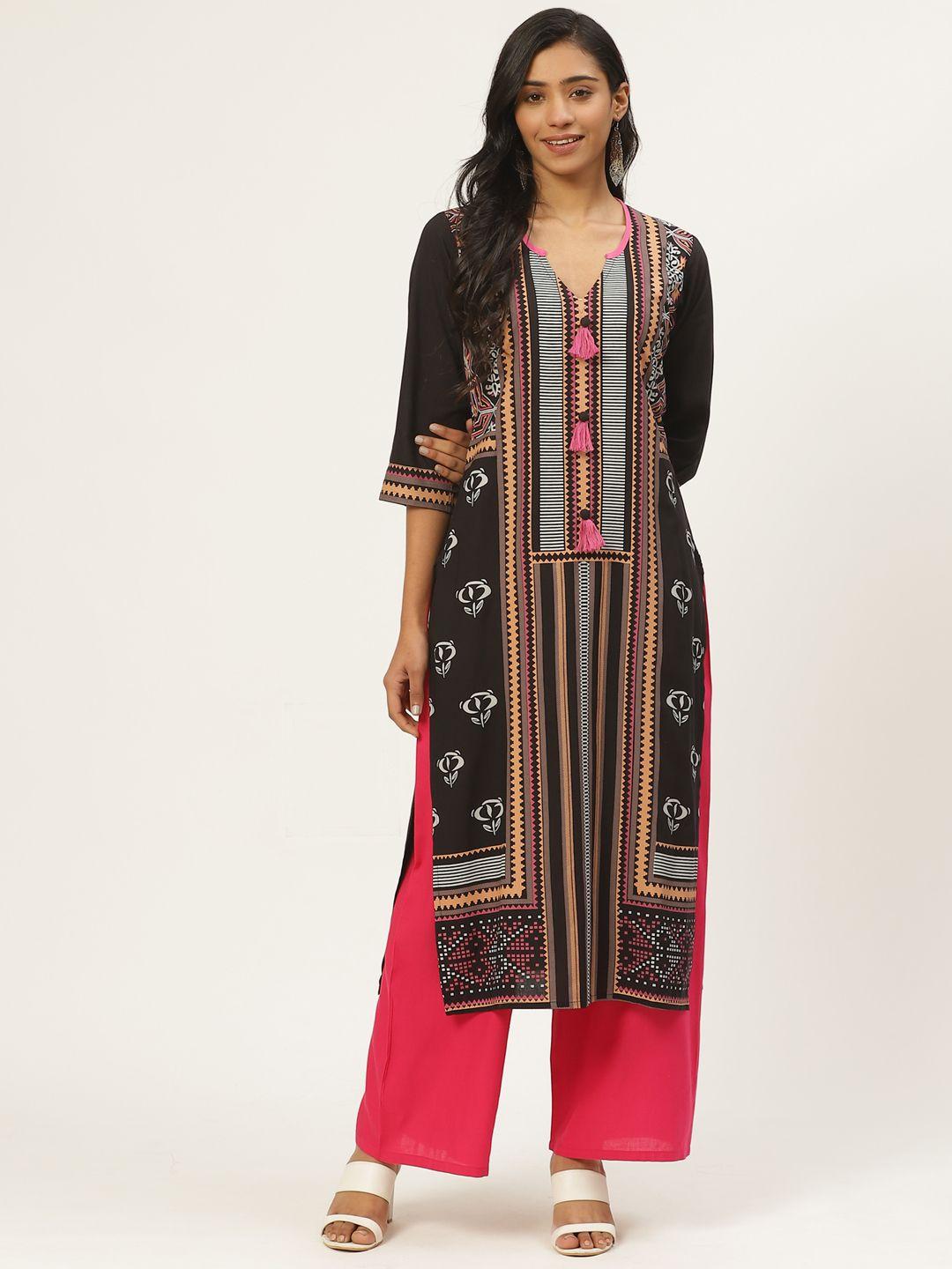 kurti's by menka women black & white printed straight kurta