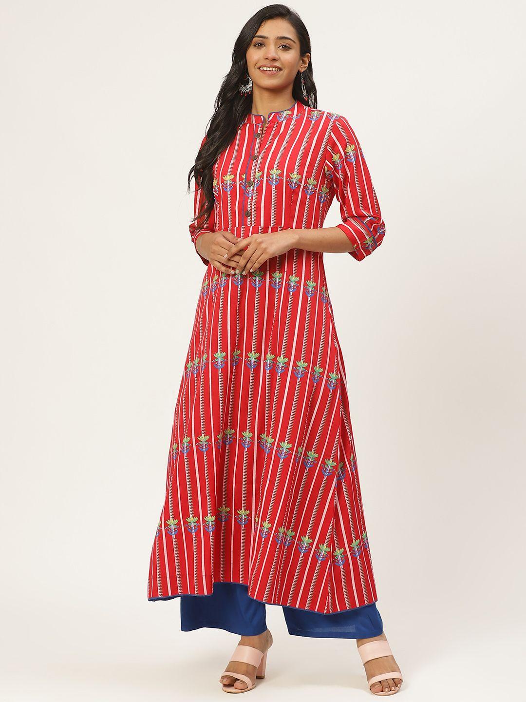 kurti's by menka women red & blue printed a-line kurta