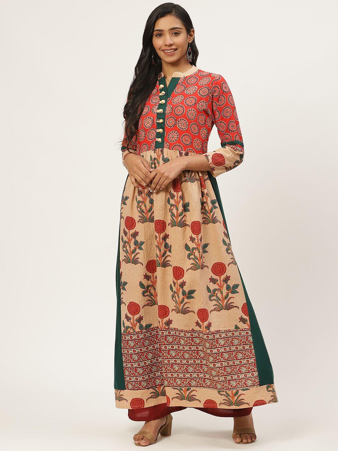 kurti's by menka women red & beige pure cotton printed a-line kurta