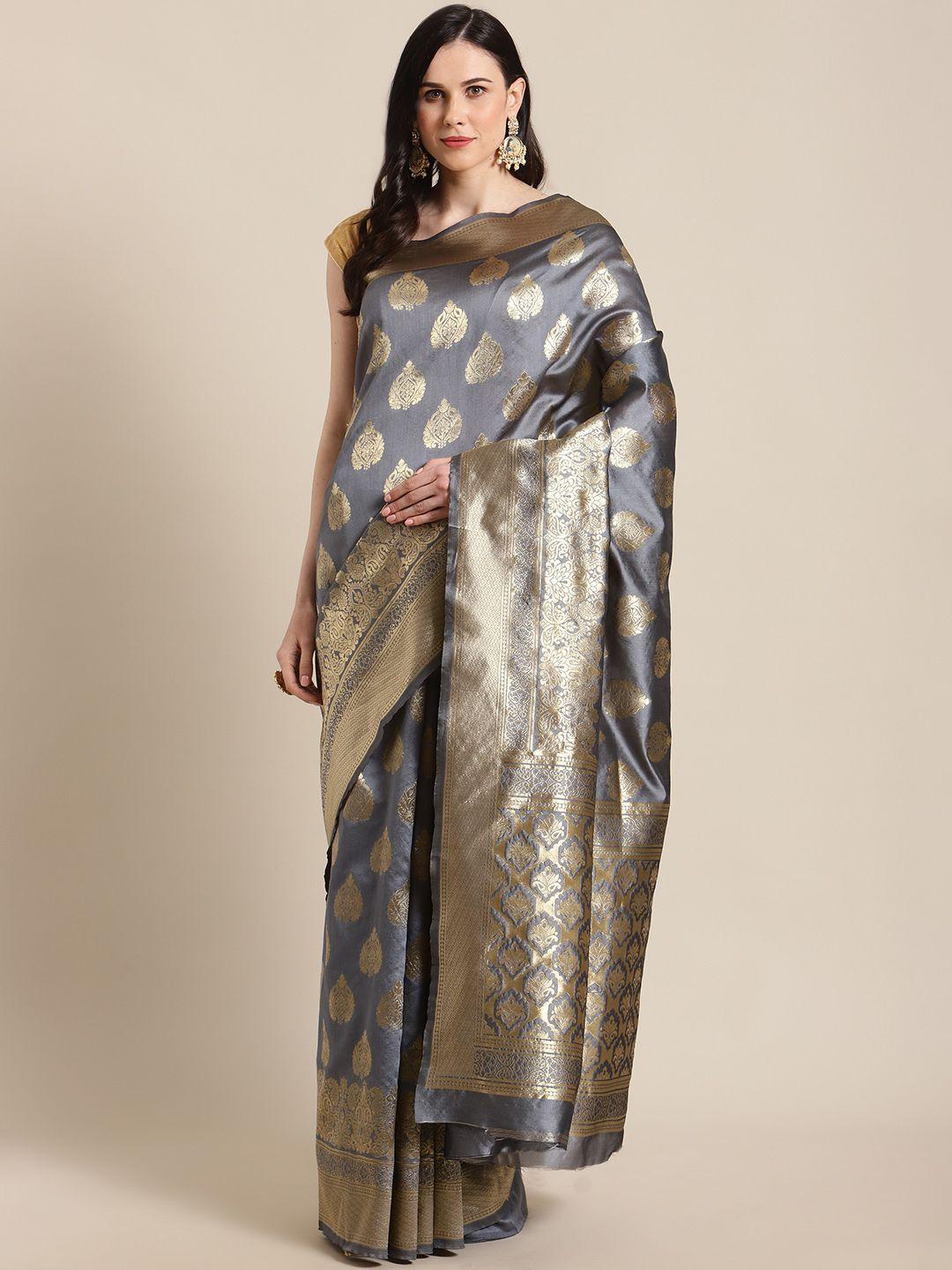 mitera grey & golden woven design banarasi saree