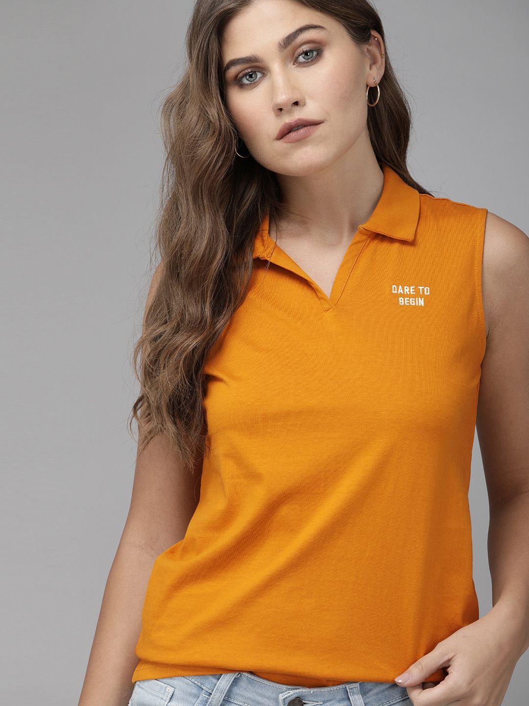 roadster women orange solid polo collar pure cotton t-shirt