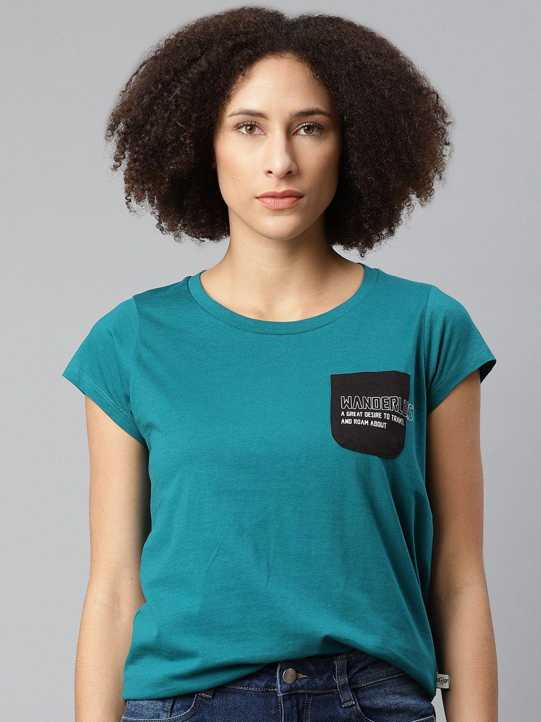 the roadster lifestyle co women teal green pure cotton t-shirt