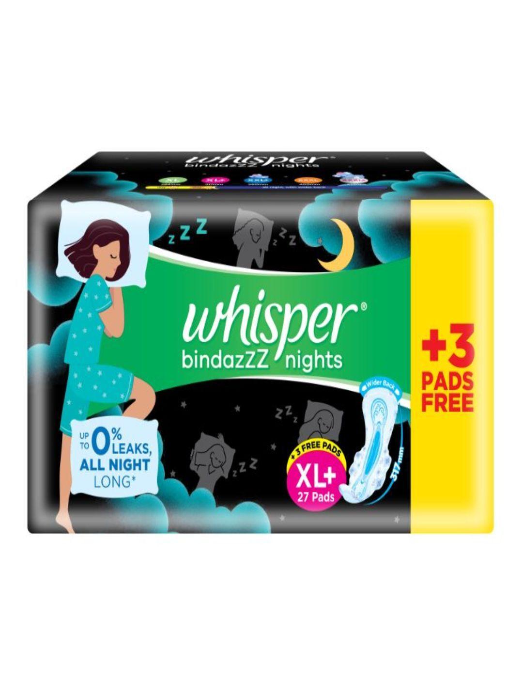 whisper bindazzz nights xl+ sanitary pads - 27+3 pads