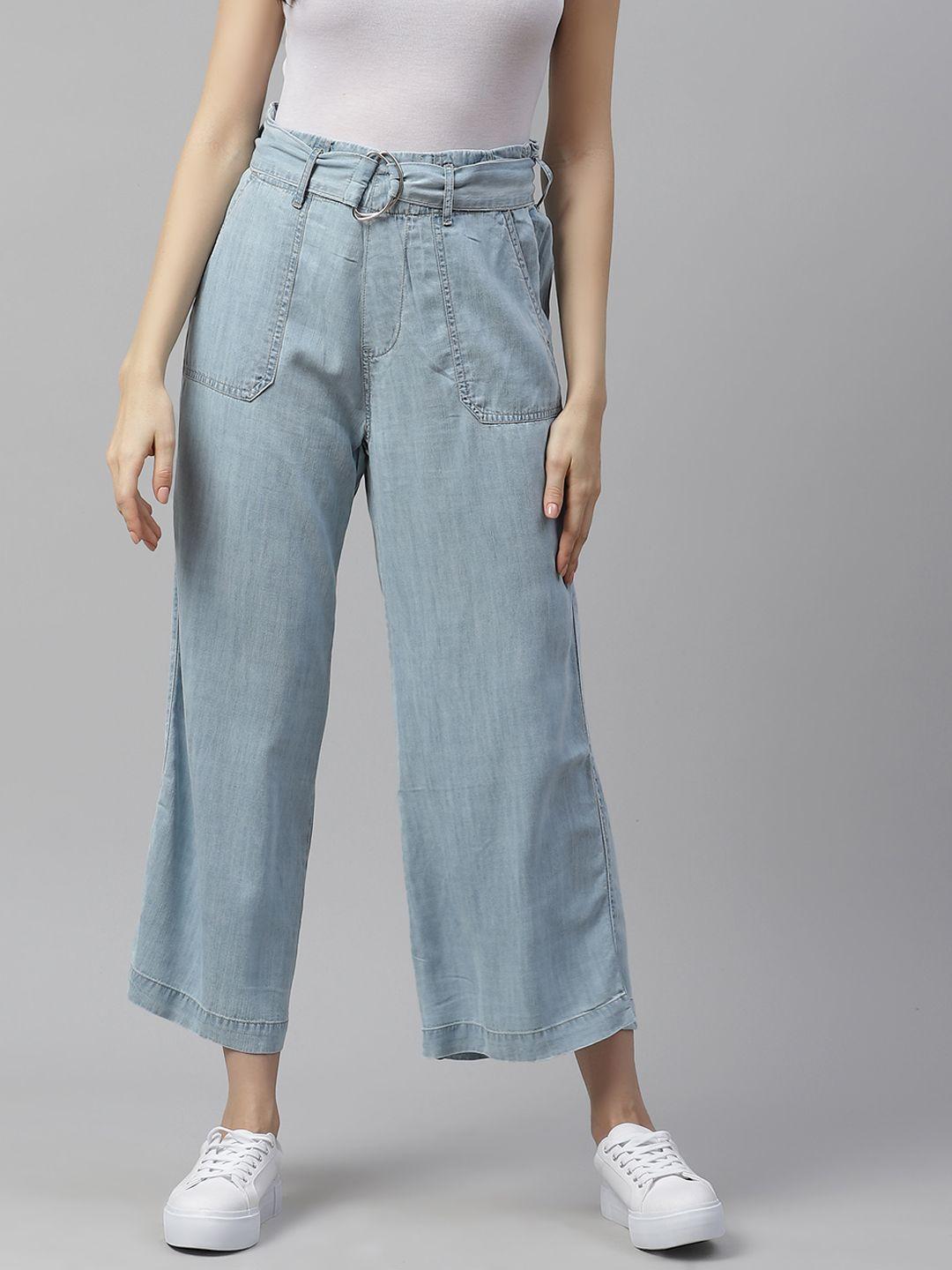 the roadster lifestyle co women light blue wide leg tencel jeans with shell fabric belt