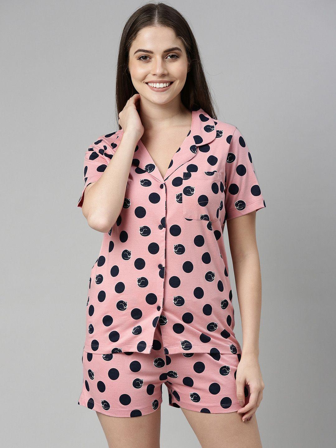 mast & harbour women pink & navy blue polka dot printed night suit