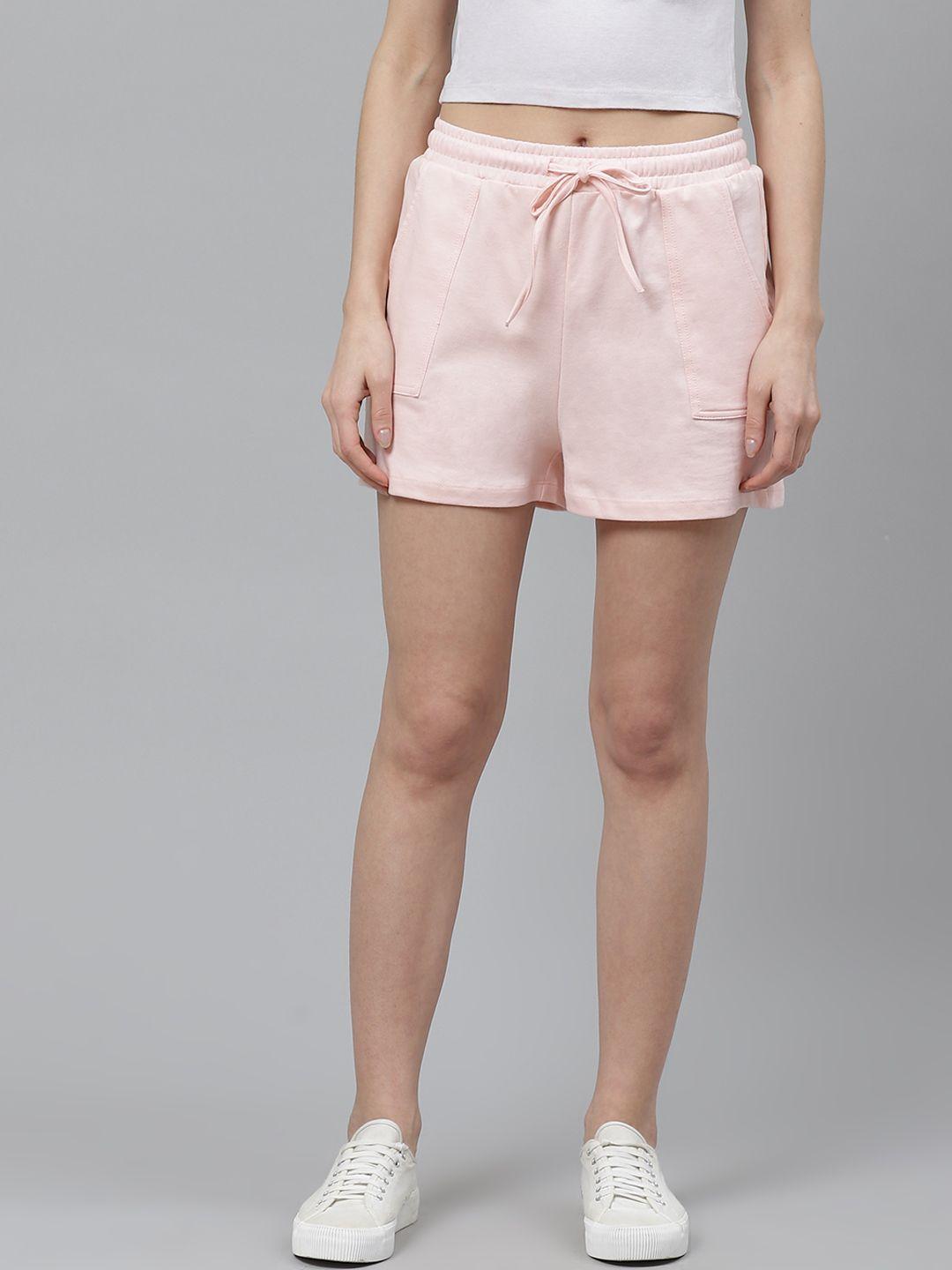 mast & harbour women peach-coloured pure cotton solid regular fit shorts