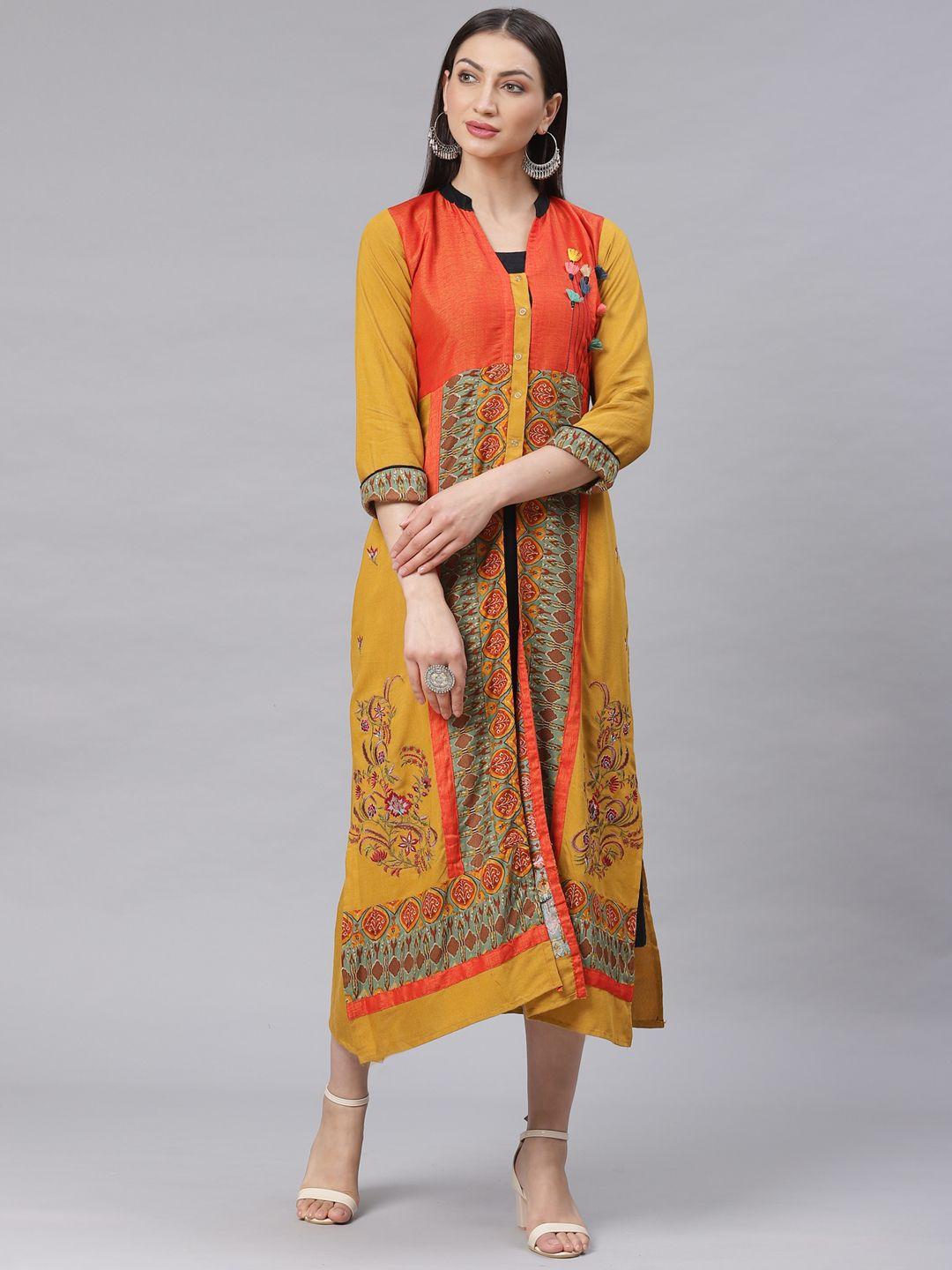 chhabra 555 women mustard yellow & orange made to measure printed layered maxi dress