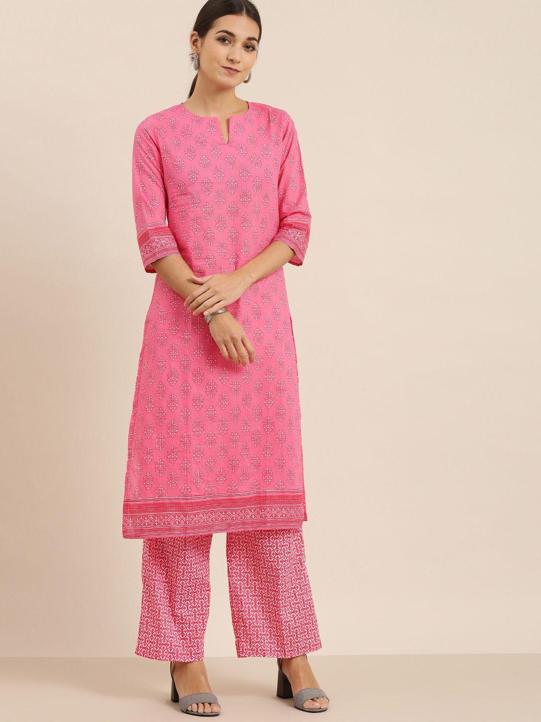 vishudh women pink & off-white printed cotton kurta with palazzos