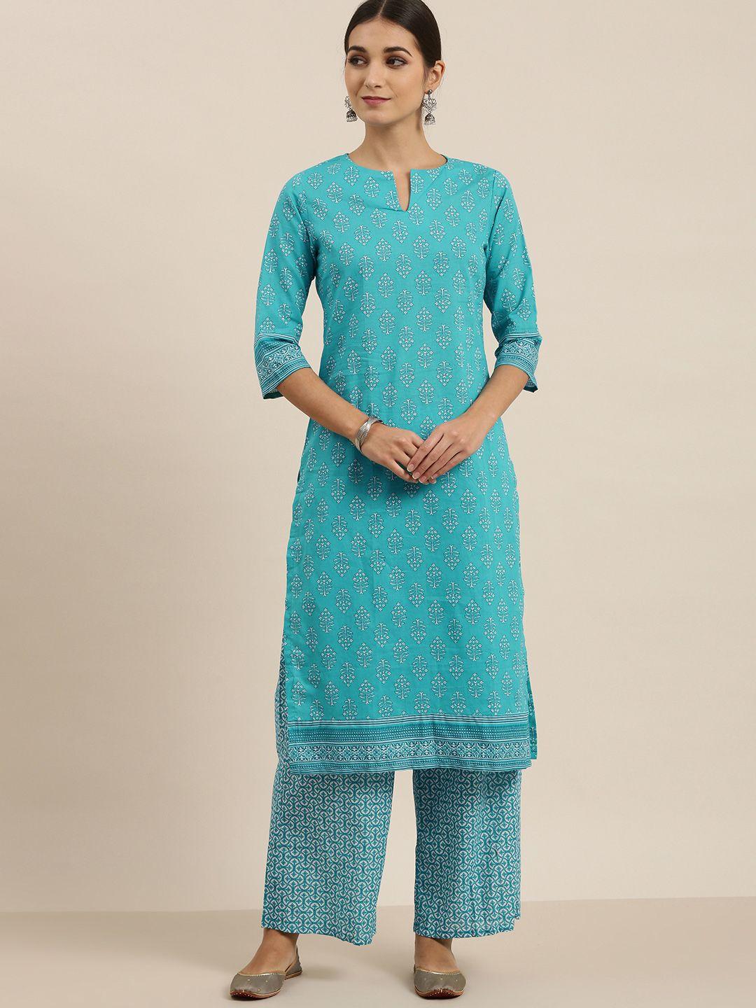 vishudh women sea green printed kurta with palazzos