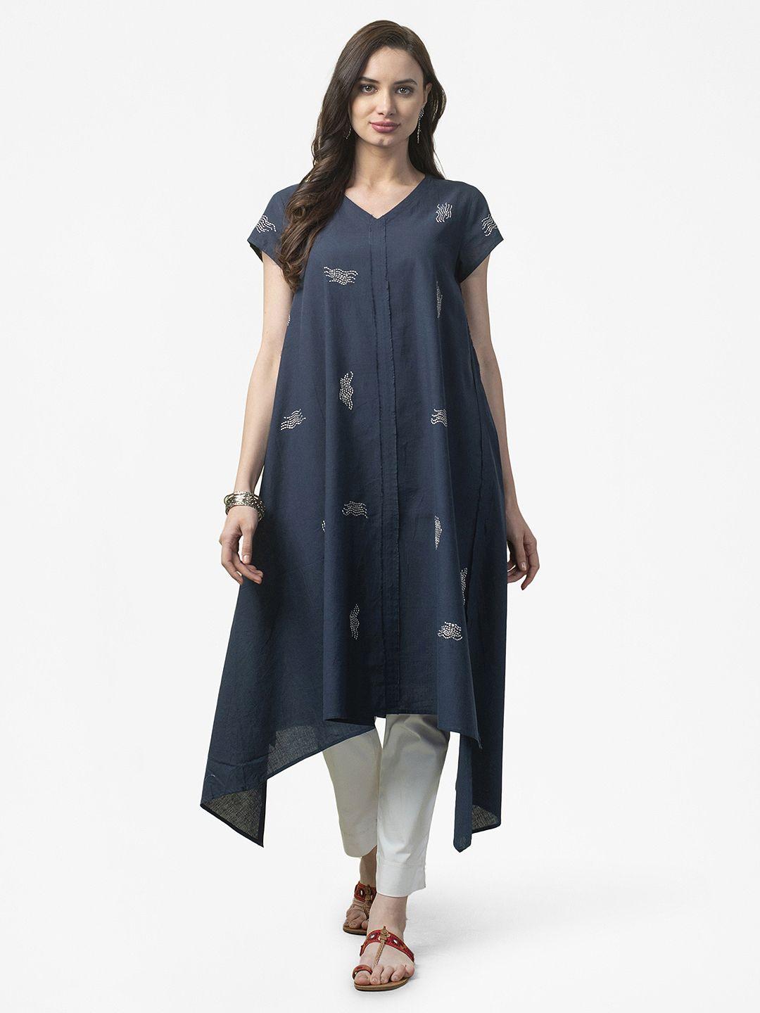 fabindia women navy blue & white pure cotton hand embroidered asymmetric a-line kurta