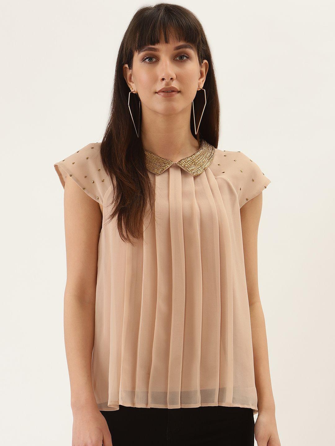 quiero women beige solid accordion pleated top with embellished detail