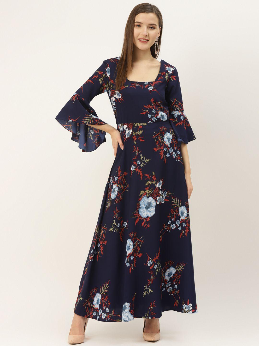 deewa women navy blue & coral red floral printed maxi dress