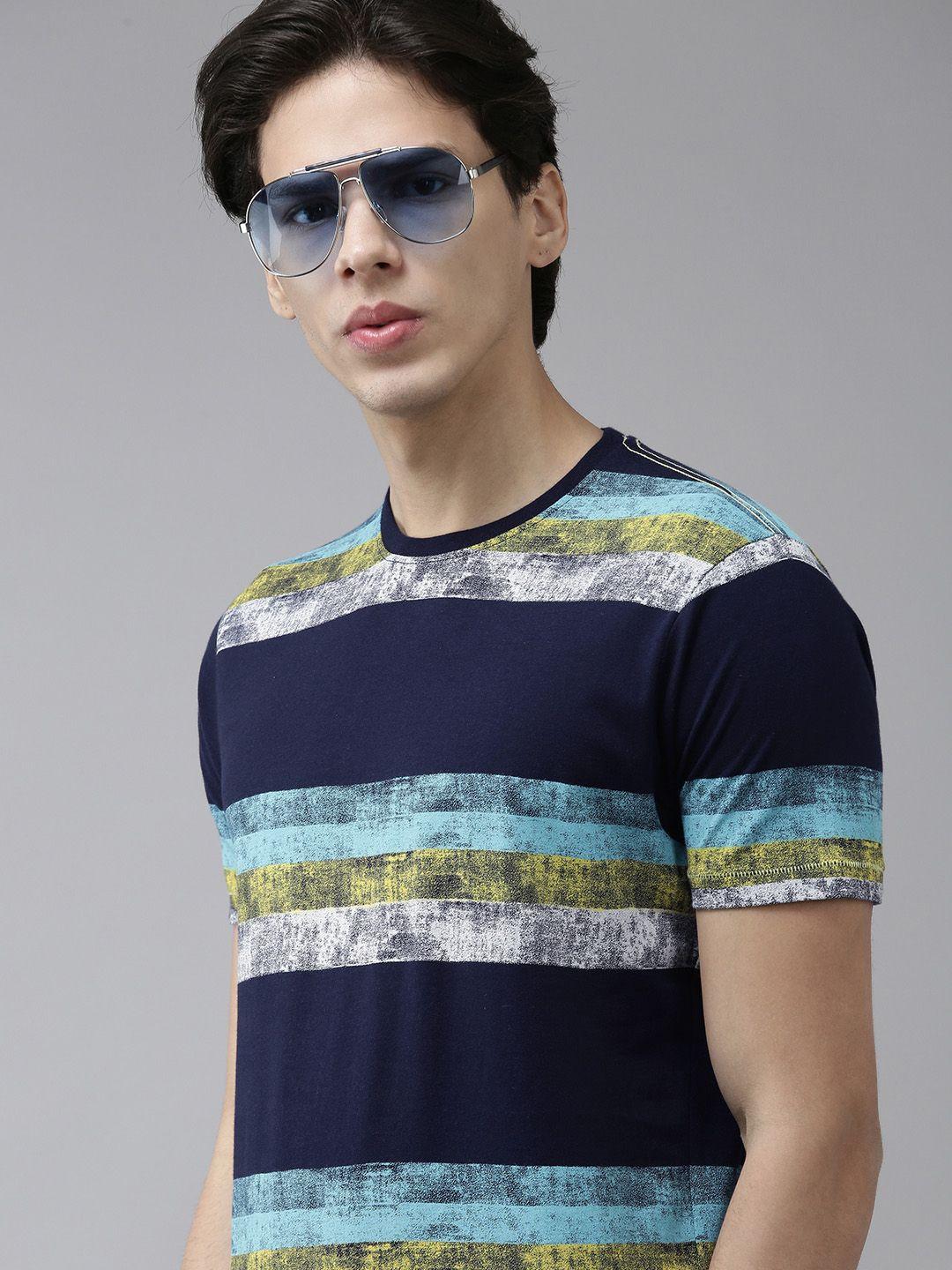 beat london by pepe jeans men navy blue  off white cotton striped pure cotton t-shirt