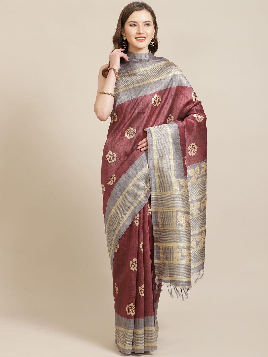 mitera maroon & beige printed bhagalpuri saree