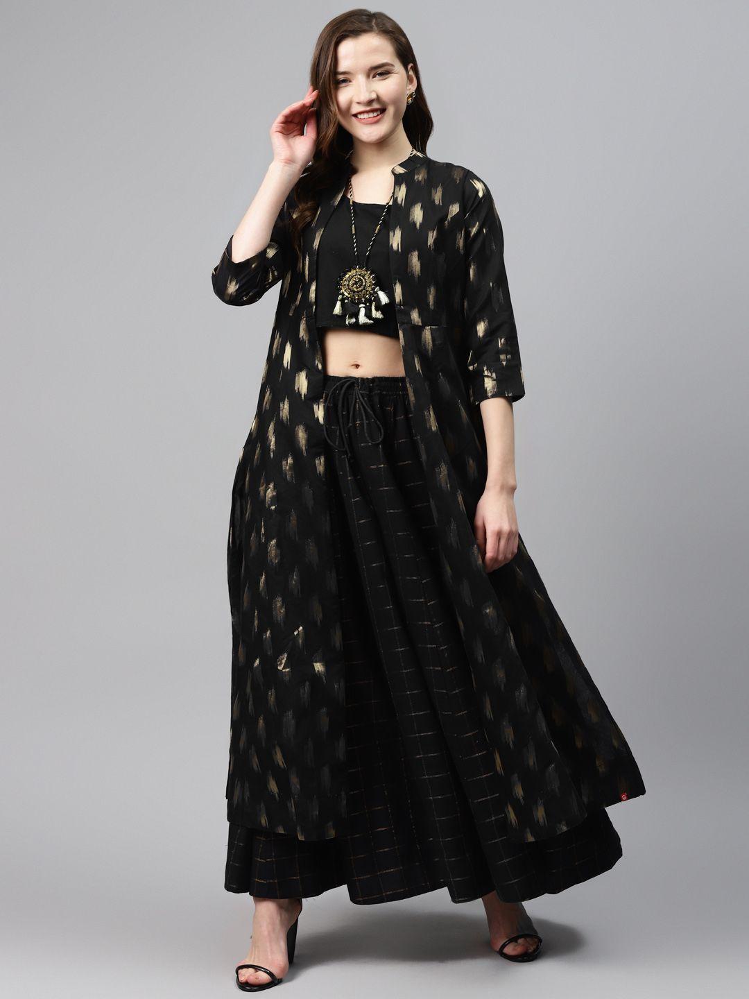 biba women black & golden solid top with skirt & ethnic jacket