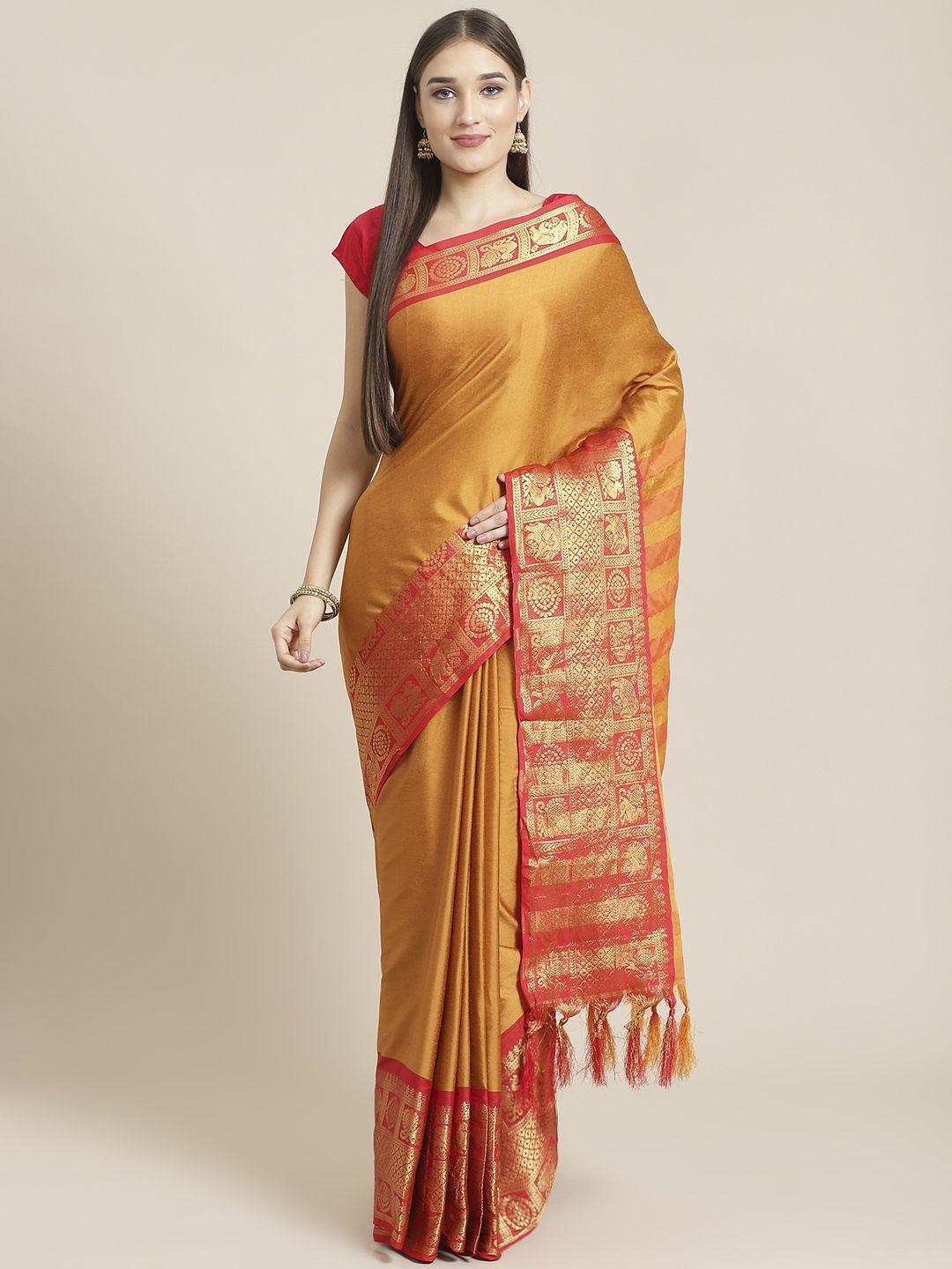 mitera orange & golden pure silk woven design border kanjeevaram saree