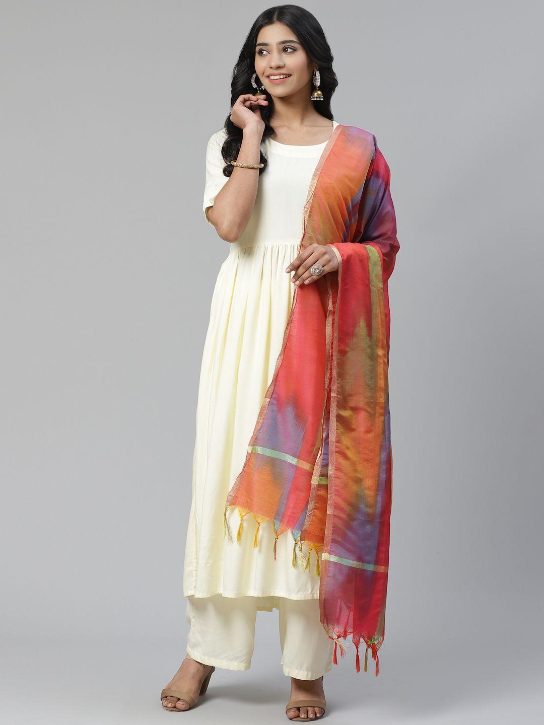 sringam women cream-coloured solid kurta with palazzos & dupatta