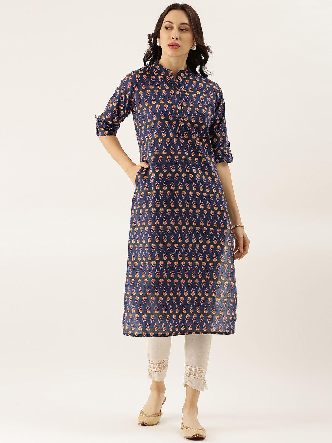 divena women navy blue ethnic motifs printed roll-up sleeves kurta