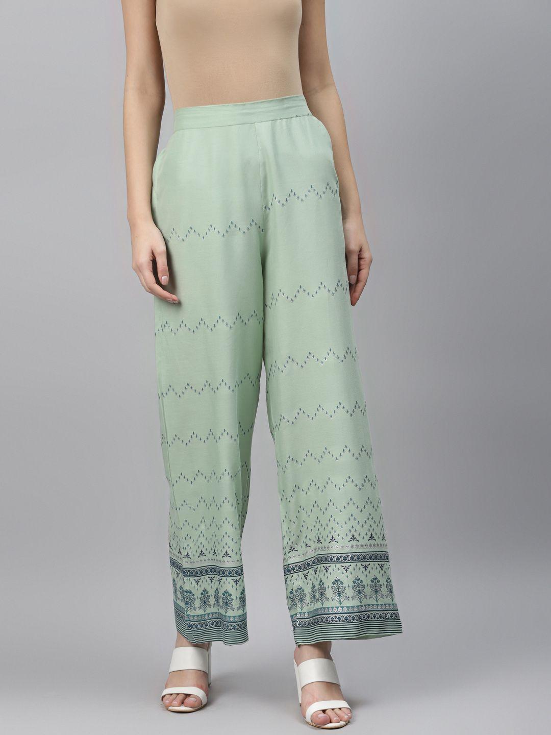 aurelia women green & silver printed straight palazzos