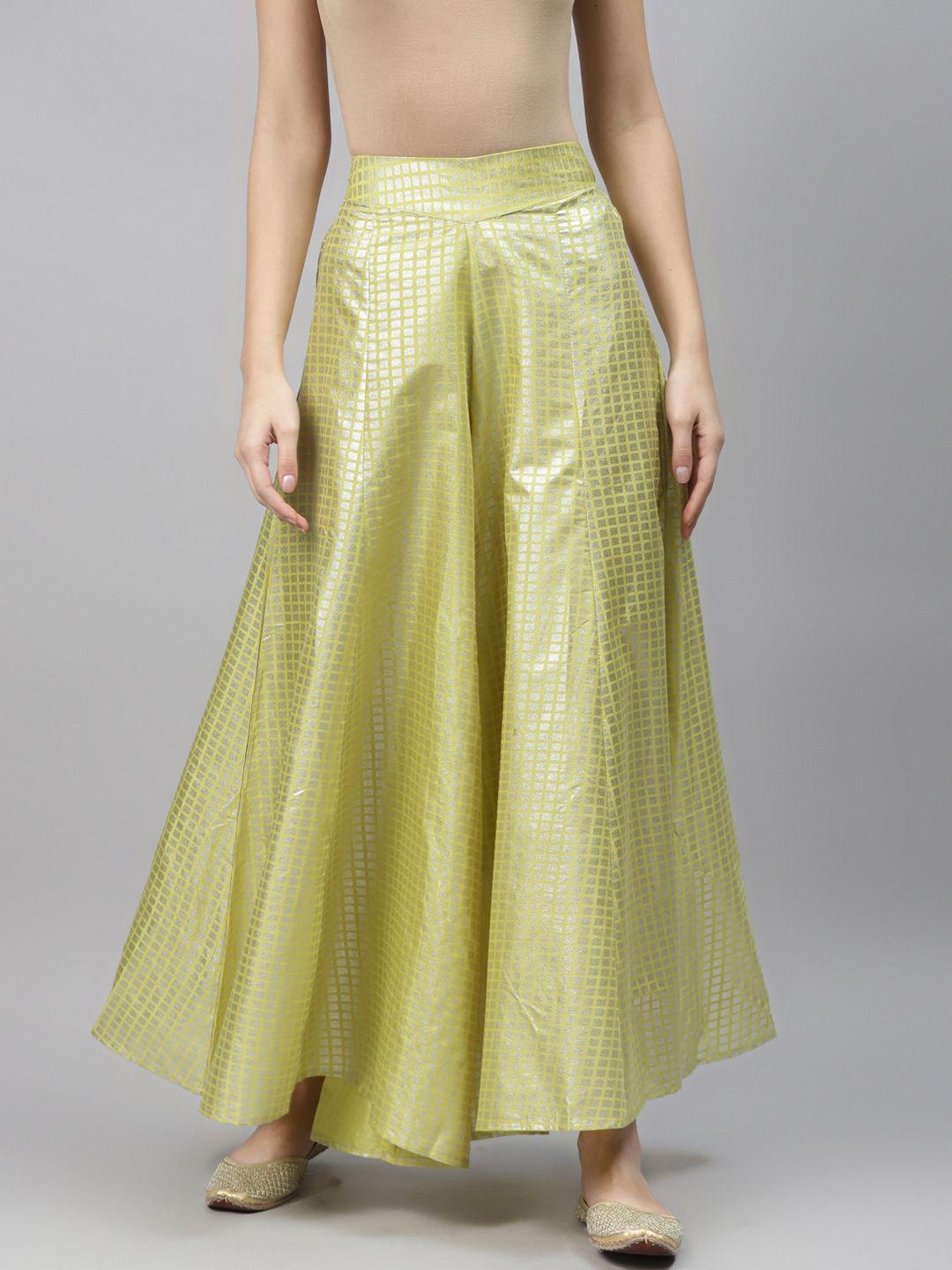 aurelia women lime green & golden printed flared palazzos