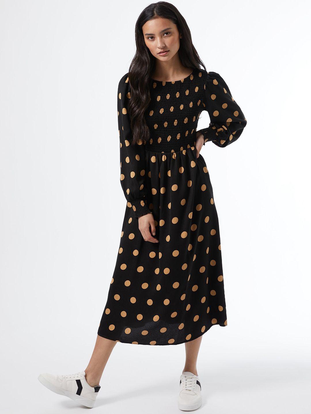 dorothy perkins women black & beige petite polka dots printed smocked fit and flare dress