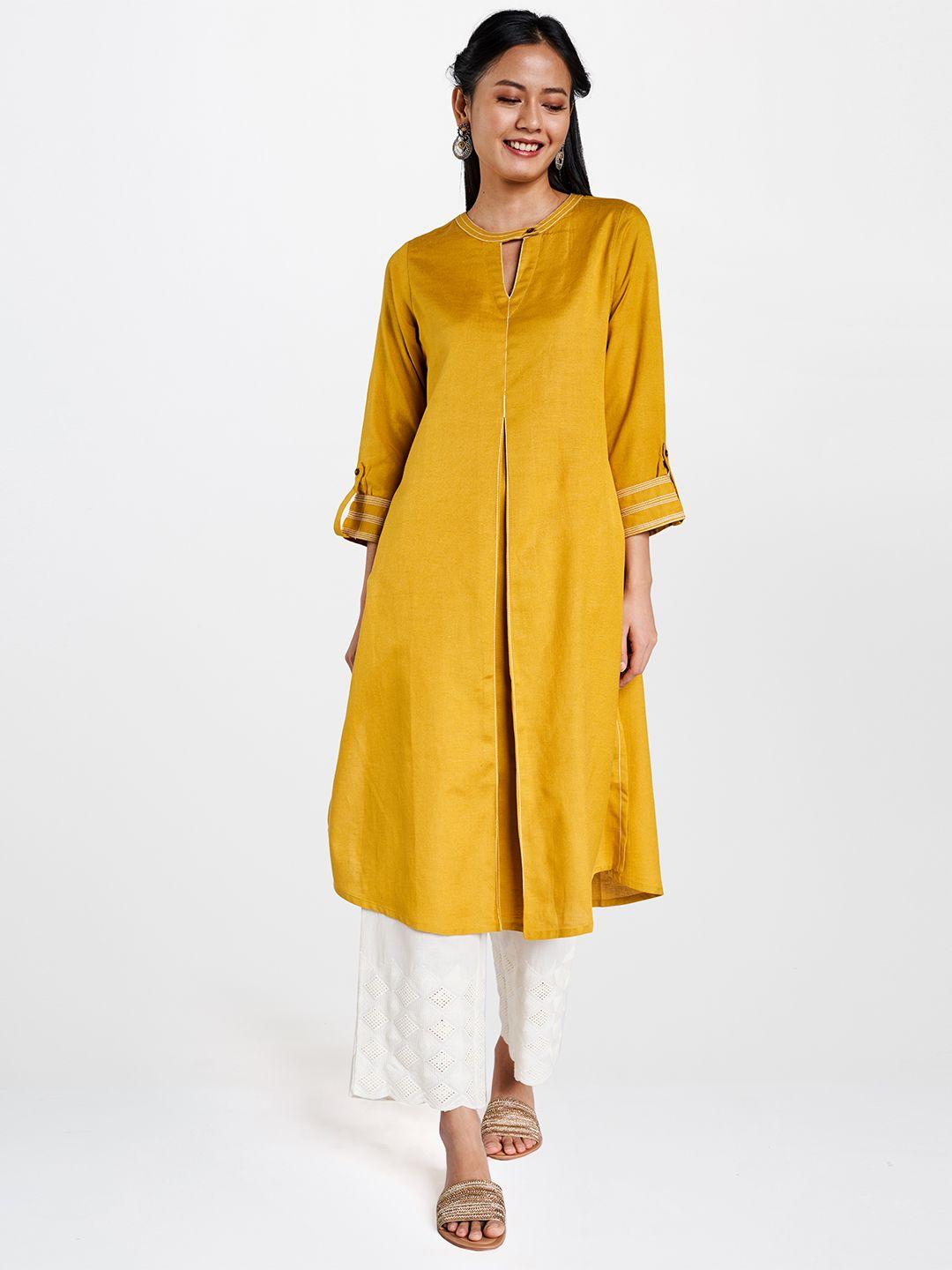 global desi women mustard yellow solid a-line kurta