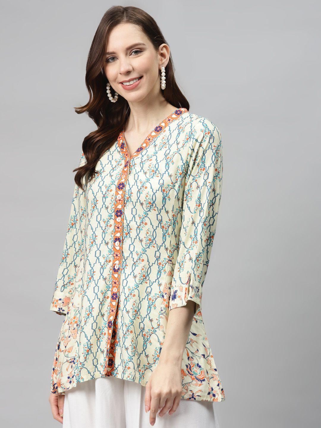 global desi women beige & blue ethnic print sustainable a-line top