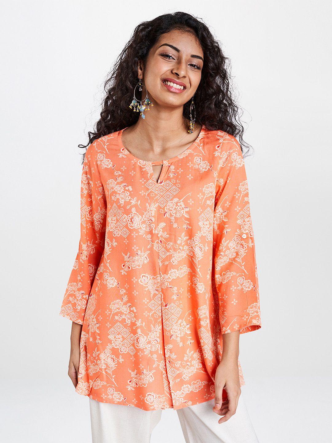 global desi women coral orange & white ecovero printed a-line top