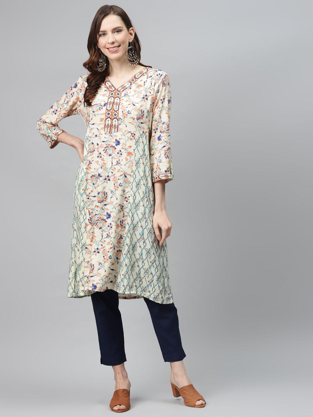 global desi women beige & blue ethnic motifs sustainable a-line kurta