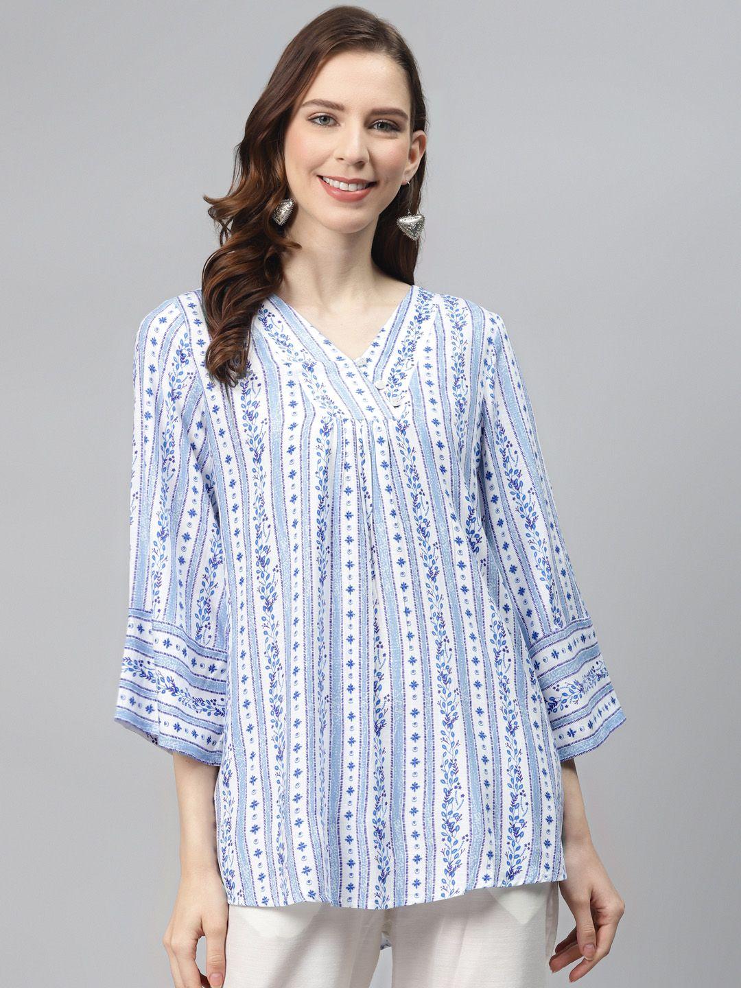 global desi women white & blue ethnic motifs print tunic