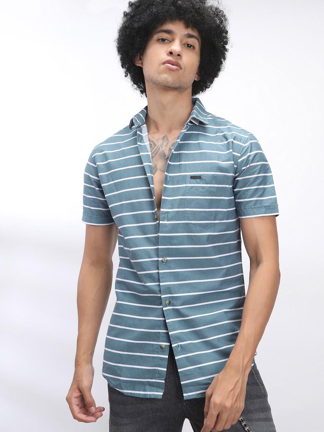 the indian garage co men grey & white slim fit striped casual shirt