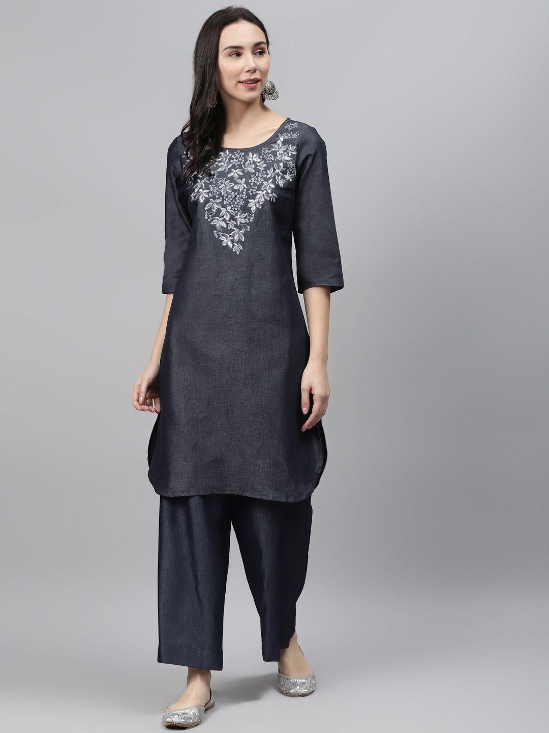 aurelia women navy blue & off-white denim embroidered yoke design kurta with palazzos