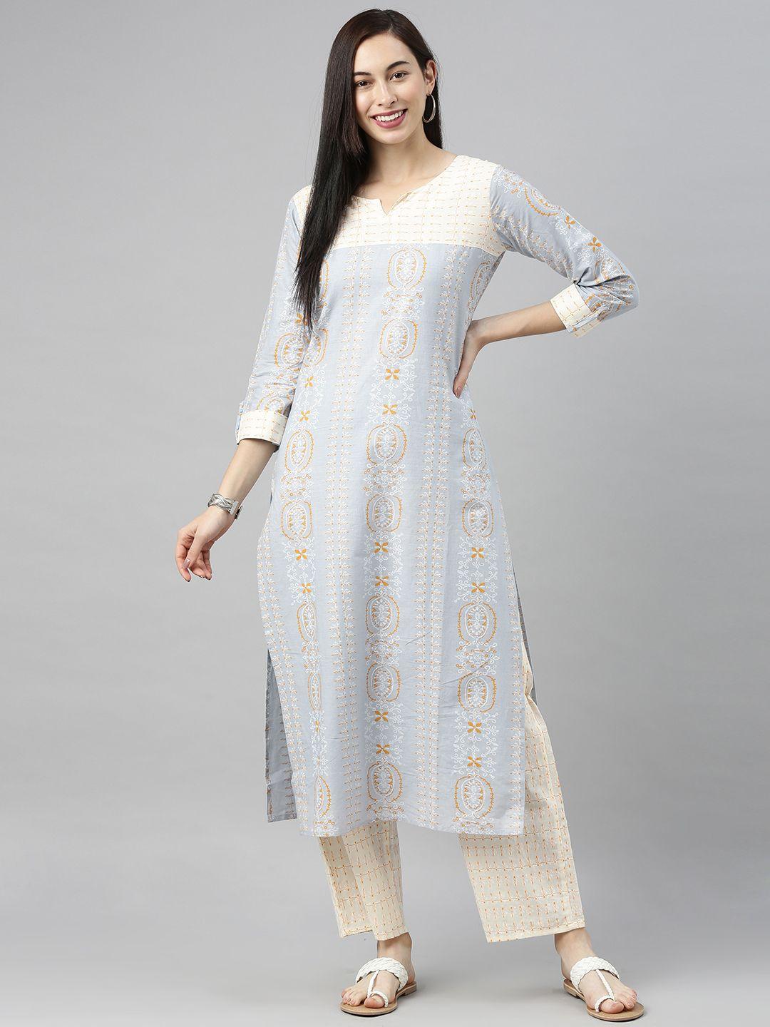 blissta women blue & mustard printed kurta with palazzos