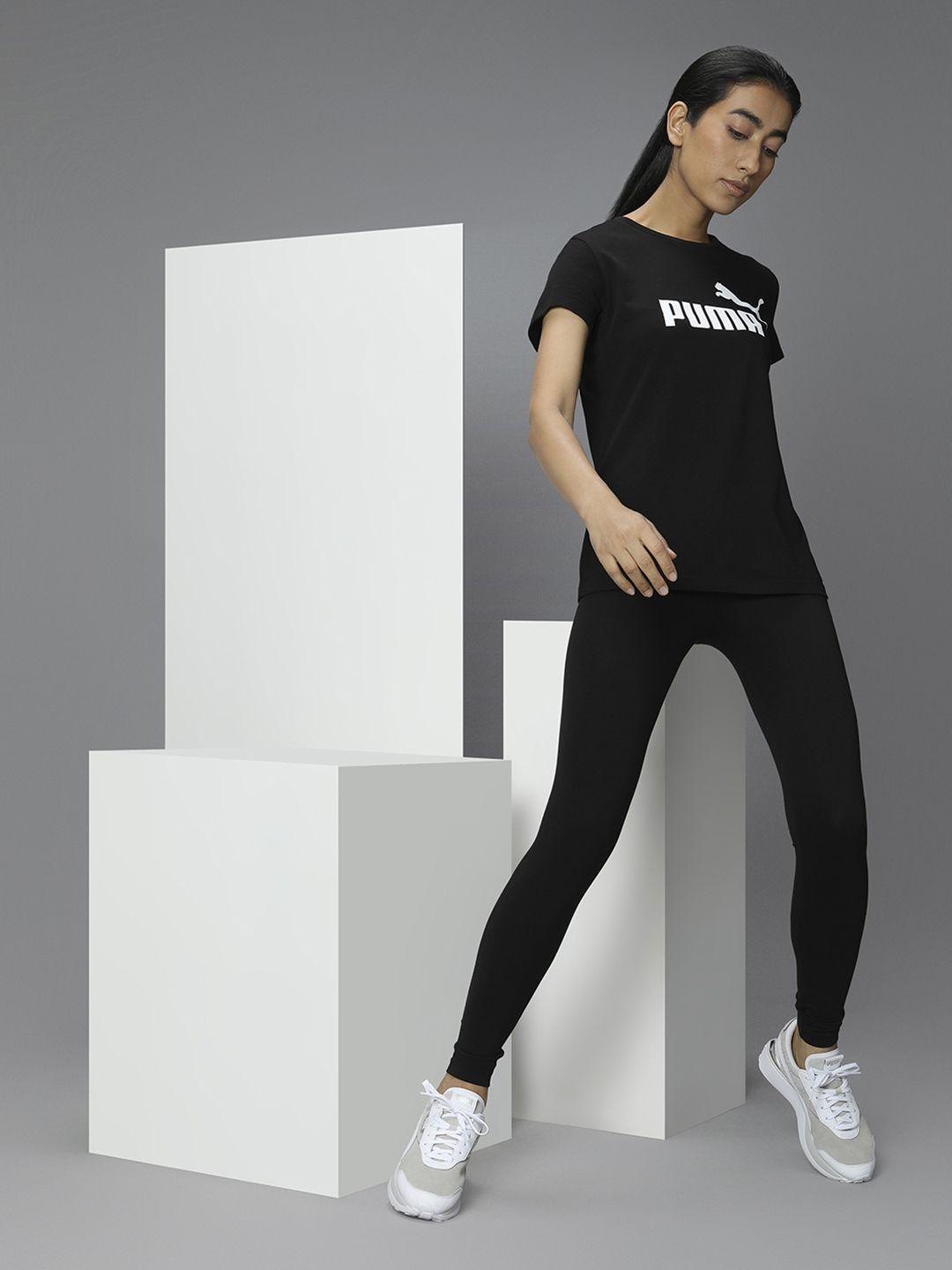 puma women black printed ess logo round neck pure cotton t-shirt