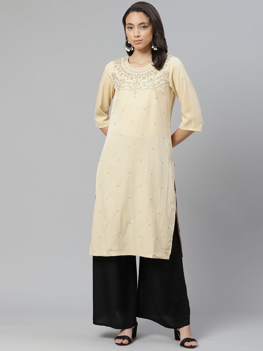 w women beige & golden embroidered straight kurta