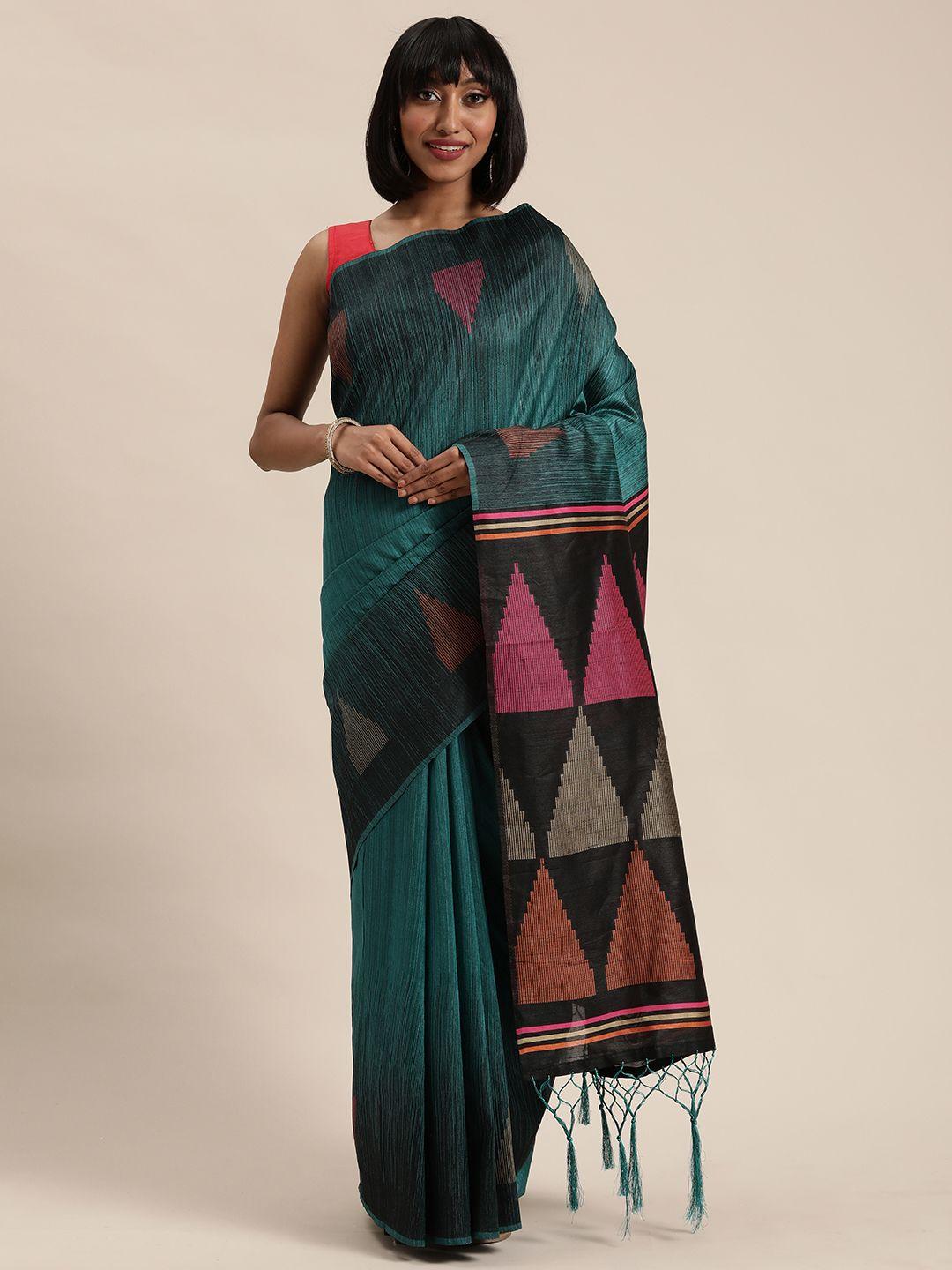 mitera teal blue & pink printed saree