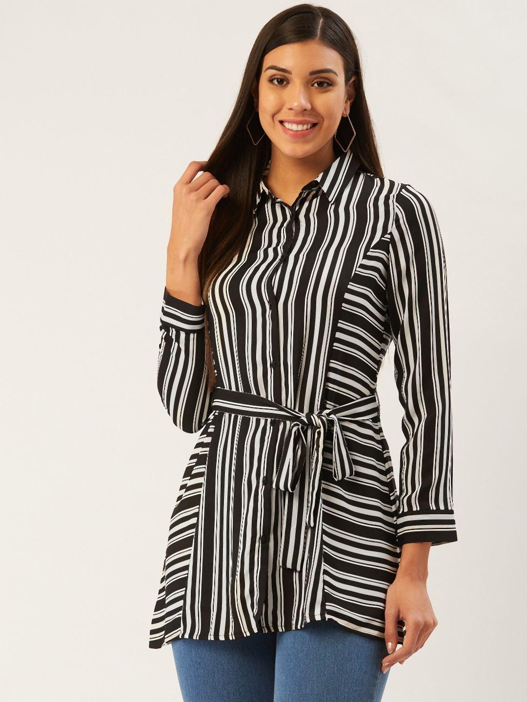 madame women black & white regular fit multi striped casual longline shirt with belt