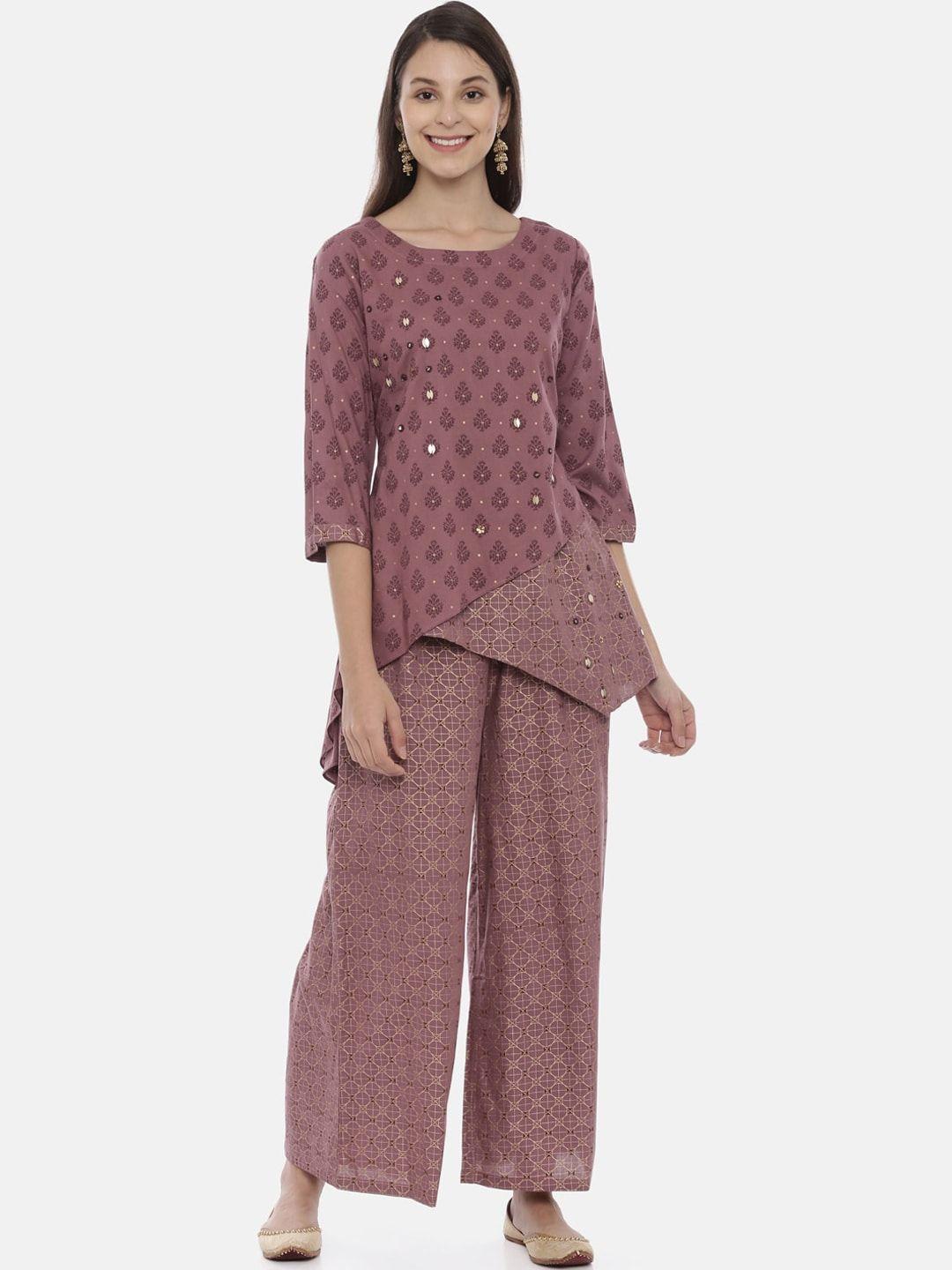 neerus women mauve printed kurti with palazzos