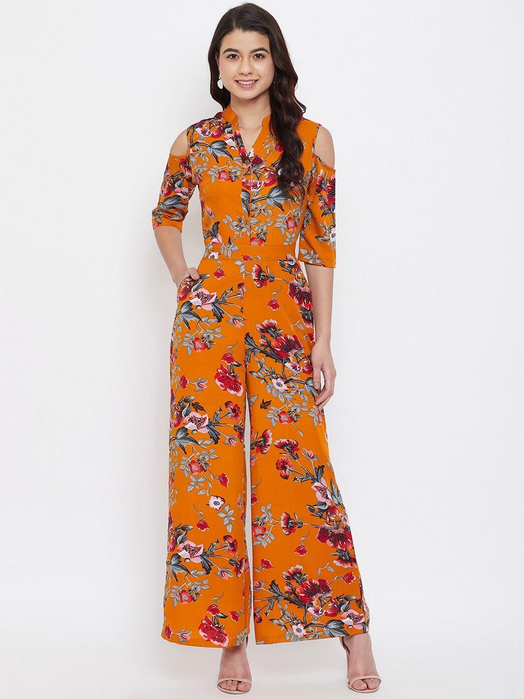 uptownie lite women orange & green floral printed basic jumpsuit