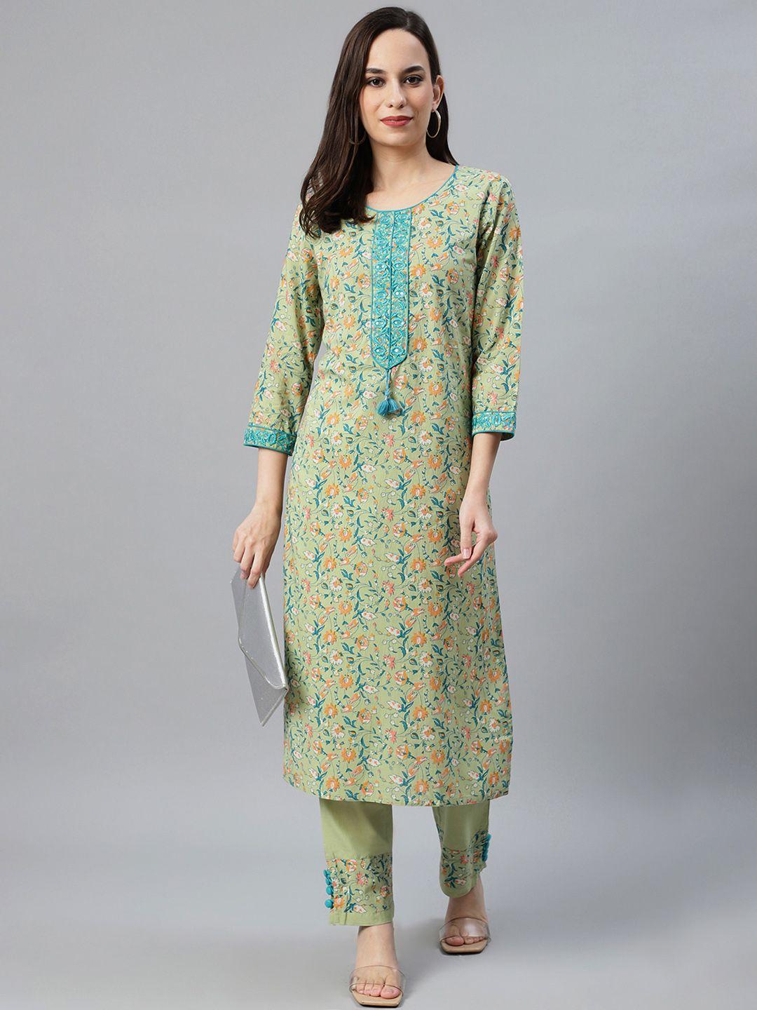 anubhutee women green & blue printed kurta with trousers