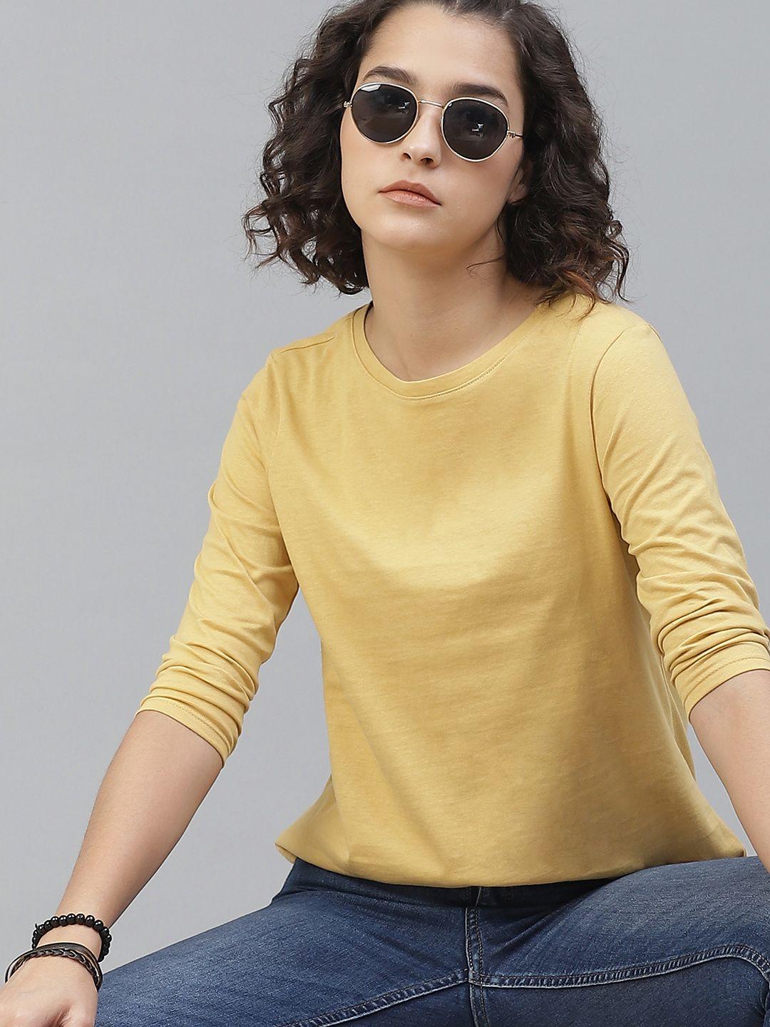 the roadster lifestyle co women yellow solid round neck pure cotton t-shirt