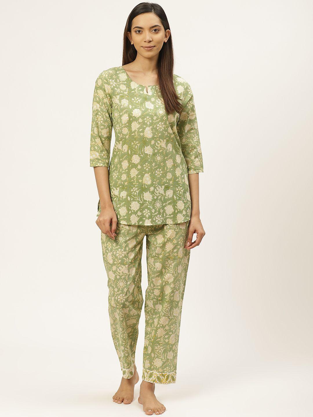 prakrti women green & off-white pure cotton handblock print nightsuit