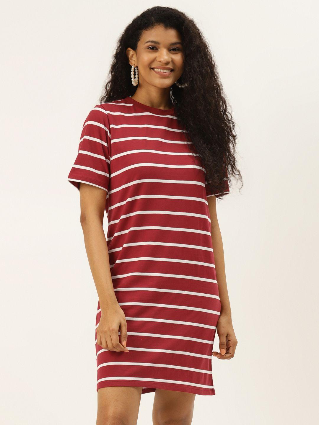 diva walk exclusive women maroon & white striped pure cotton shift dress