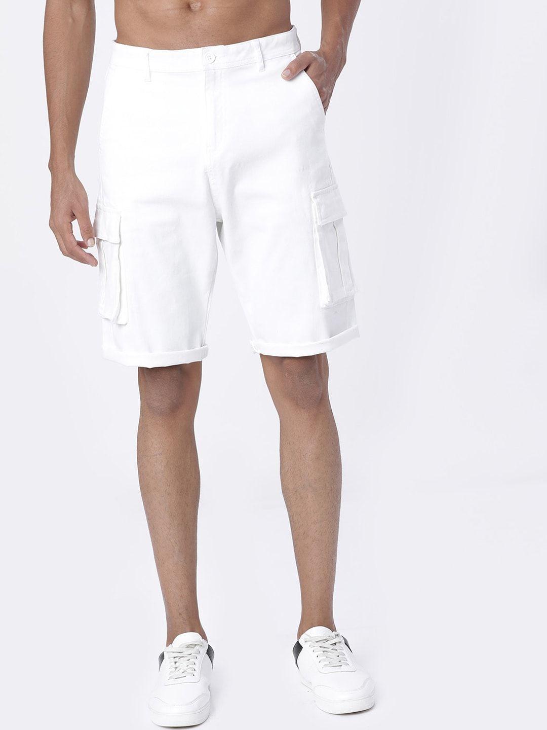 highlander men white solid slim fit cargo shorts