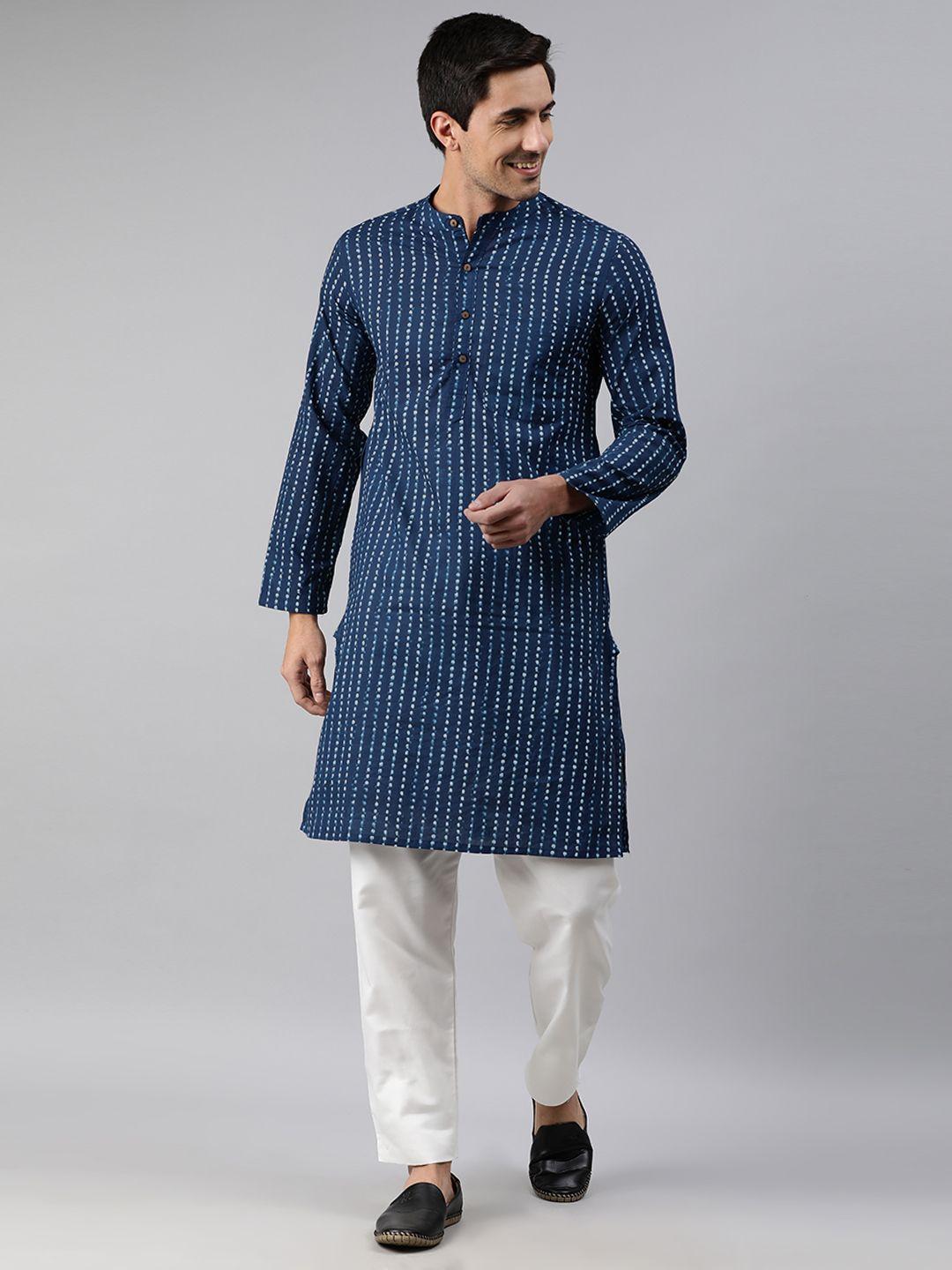 janasya men navy blue & white striped pure cotton kurta